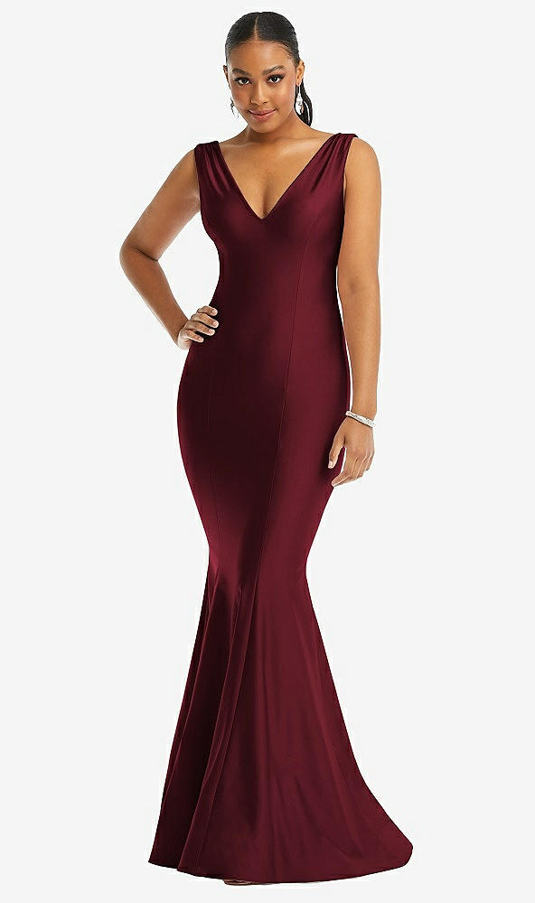Front View - Cabernet Shirred Shoulder Stretch Satin Mermaid Dress with Slight Train