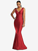Front View Thumbnail - Poppy Red Shirred Shoulder Stretch Satin Mermaid Dress with Slight Train