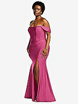 Rear View Thumbnail - Tea Rose Off-the-Shoulder Corset Stretch Satin Mermaid Dress with Slight Train