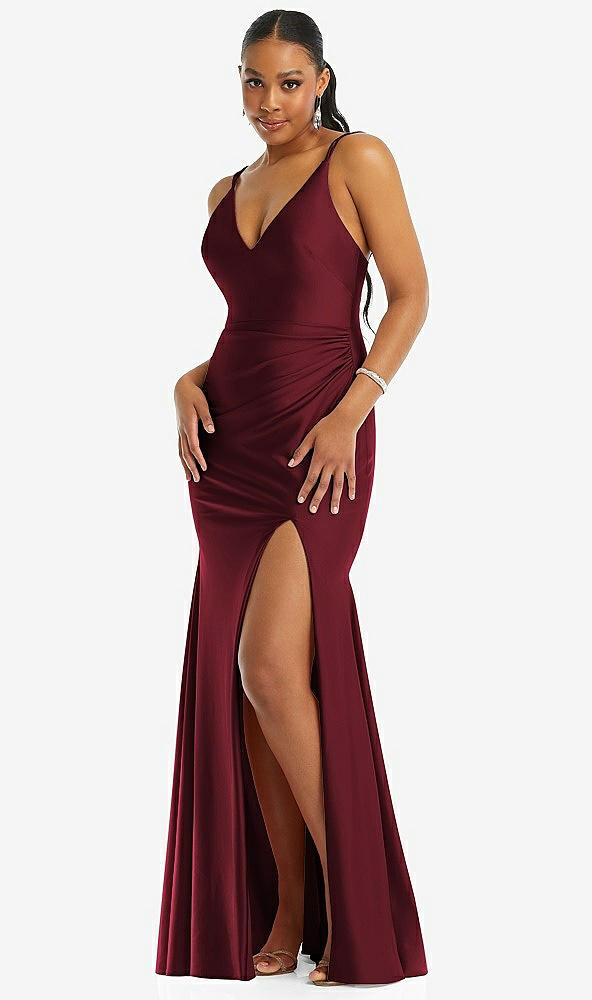 Front View - Cabernet Deep V-Neck Stretch Satin Mermaid Dress with Slight Train