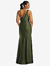 Rear View Thumbnail - Olive Green One-Shoulder Asymmetrical Cowl Back Stretch Satin Mermaid Dress