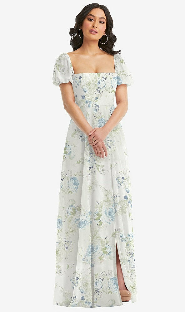 Front View - Bleu Garden Puff Sleeve Chiffon Maxi Dress with Front Slit