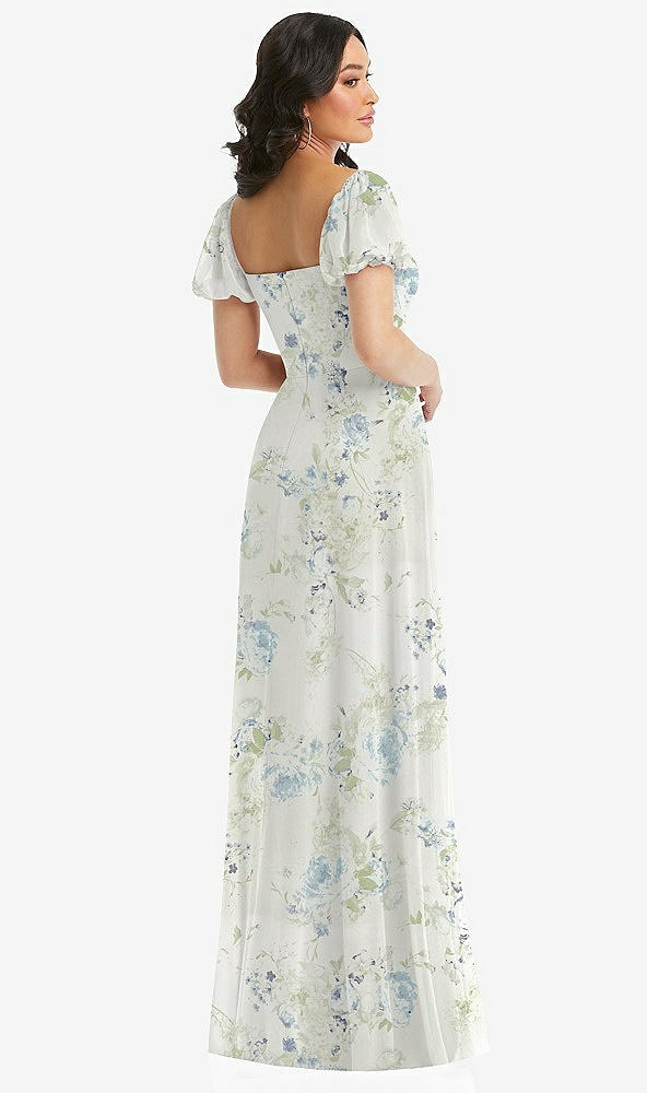 Back View - Bleu Garden Puff Sleeve Chiffon Maxi Dress with Front Slit