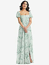 Front View Thumbnail - Mint Green Floral Puff Sleeve Chiffon Maxi Dress with Front Slit
