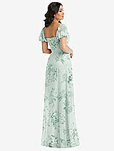 Rear View Thumbnail - Mint Green Floral Puff Sleeve Chiffon Maxi Dress with Front Slit