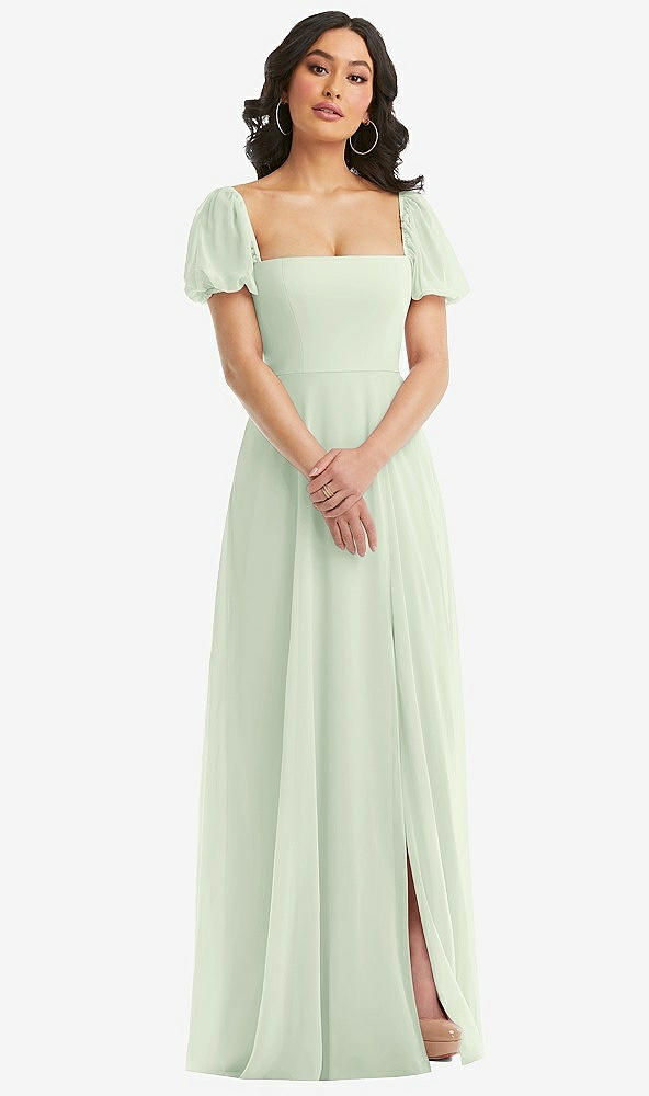 Front View - Mint Green Puff Sleeve Chiffon Maxi Dress with Front Slit