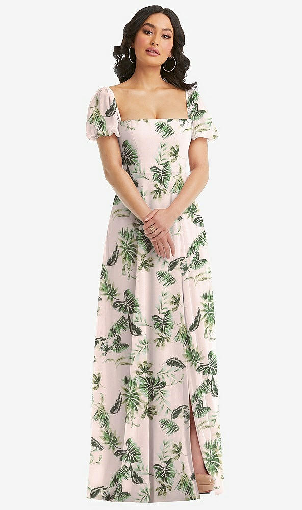 Front View - Palm Beach Print Puff Sleeve Chiffon Maxi Dress with Front Slit