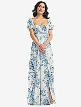 Front View Thumbnail - Cottage Rose Dusk Blue Puff Sleeve Chiffon Maxi Dress with Front Slit