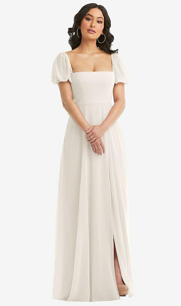 Front View - Ivory Puff Sleeve Chiffon Maxi Dress with Front Slit