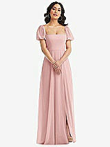 Front View Thumbnail - Rose Puff Sleeve Chiffon Maxi Dress with Front Slit