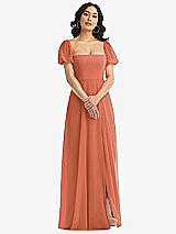 Front View Thumbnail - Terracotta Copper Puff Sleeve Chiffon Maxi Dress with Front Slit