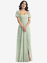 Front View Thumbnail - Vintage Primrose Sage Puff Sleeve Chiffon Maxi Dress with Front Slit