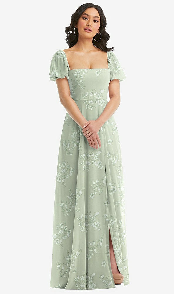 Front View - Vintage Primrose Sage Puff Sleeve Chiffon Maxi Dress with Front Slit