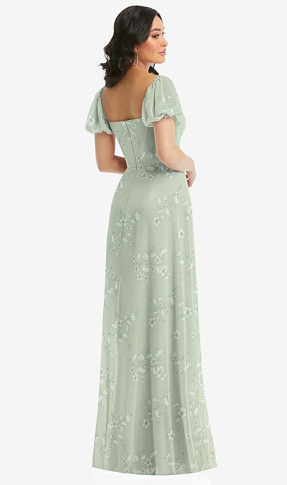 Back View - Vintage Primrose Sage Puff Sleeve Chiffon Maxi Dress with Front Slit