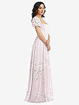 Side View Thumbnail - Watercolor Print Puff Sleeve Chiffon Maxi Dress with Front Slit