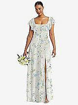 Front View Thumbnail - Bleu Garden Flutter Sleeve Scoop Open-Back Chiffon Maxi Dress
