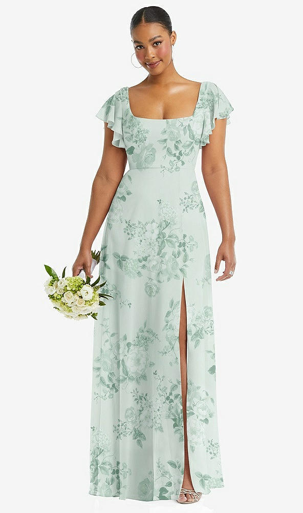Front View - Mint Green Floral Flutter Sleeve Scoop Open-Back Chiffon Maxi Dress