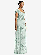 Side View Thumbnail - Mint Green Floral Flutter Sleeve Scoop Open-Back Chiffon Maxi Dress