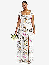 Front View Thumbnail - Butterfly Botanica Ivory Flutter Sleeve Scoop Open-Back Chiffon Maxi Dress