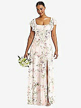 Front View Thumbnail - Blush Garden Flutter Sleeve Scoop Open-Back Chiffon Maxi Dress