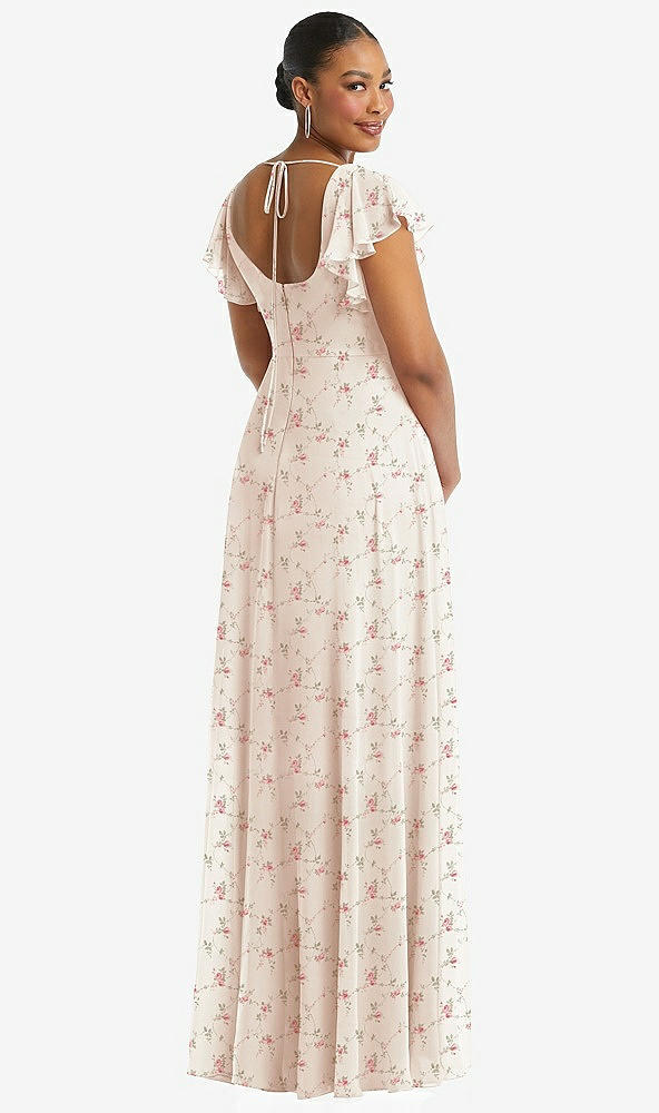 Back View - Coquette Floral Print Flutter Sleeve Scoop Open-Back Chiffon Maxi Dress
