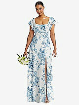 Front View Thumbnail - Cottage Rose Dusk Blue Flutter Sleeve Scoop Open-Back Chiffon Maxi Dress