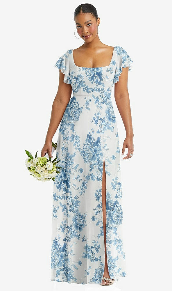 Front View - Cottage Rose Dusk Blue Flutter Sleeve Scoop Open-Back Chiffon Maxi Dress