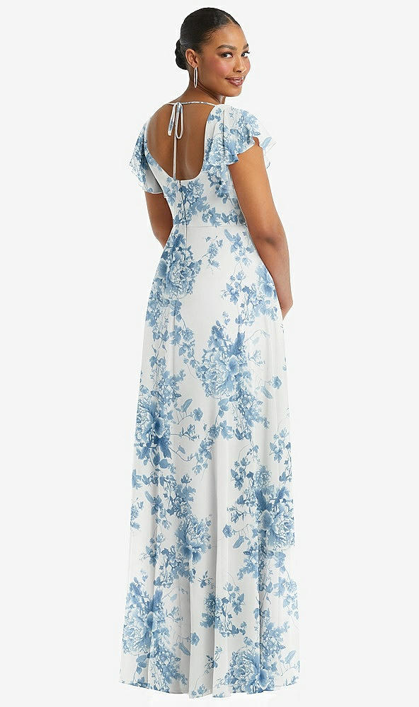 Back View - Cottage Rose Dusk Blue Flutter Sleeve Scoop Open-Back Chiffon Maxi Dress