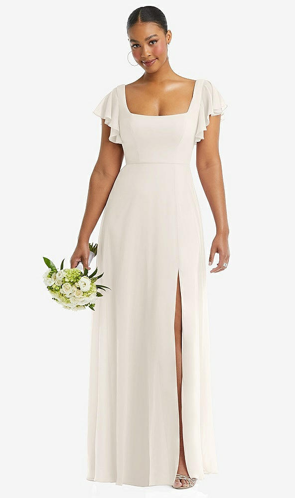Front View - Ivory Flutter Sleeve Scoop Open-Back Chiffon Maxi Dress