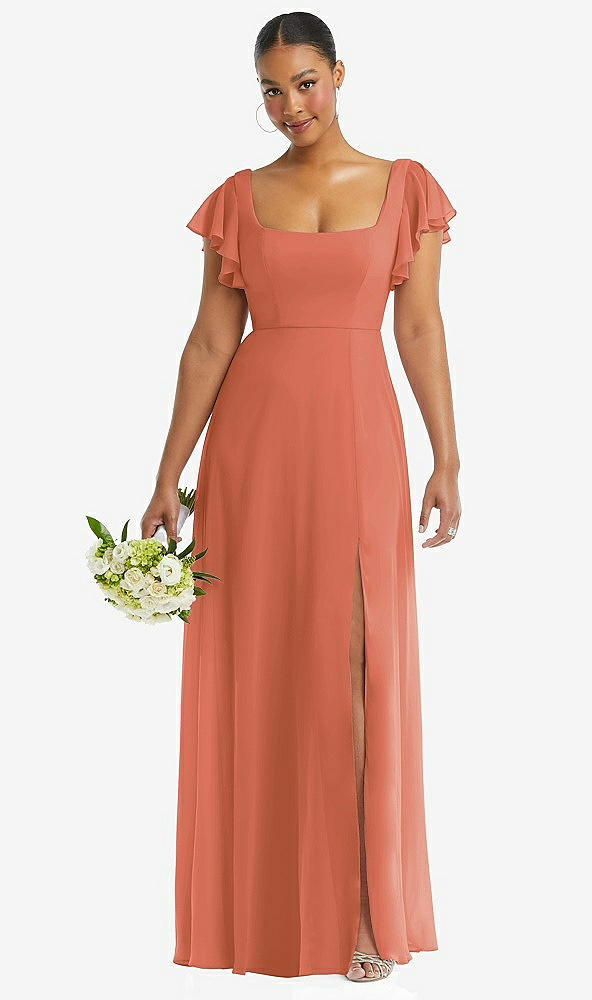 Front View - Terracotta Copper Flutter Sleeve Scoop Open-Back Chiffon Maxi Dress