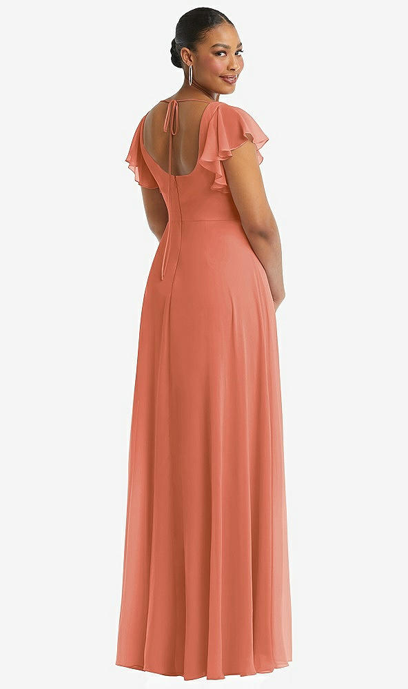 Back View - Terracotta Copper Flutter Sleeve Scoop Open-Back Chiffon Maxi Dress