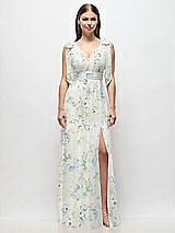Front View Thumbnail - Bleu Garden Plunge Neckline Bow Shoulder Empire Waist Chiffon Maxi Dress
