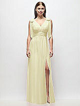 Front View Thumbnail - Butter Yellow Plunge Neckline Bow Shoulder Empire Waist Chiffon Maxi Dress