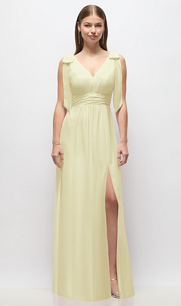 Front View - Butter Yellow Plunge Neckline Bow Shoulder Empire Waist Chiffon Maxi Dress