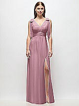 Front View Thumbnail - Dusty Pink Plunge Neckline Bow Shoulder Empire Waist Chiffon Maxi Dress