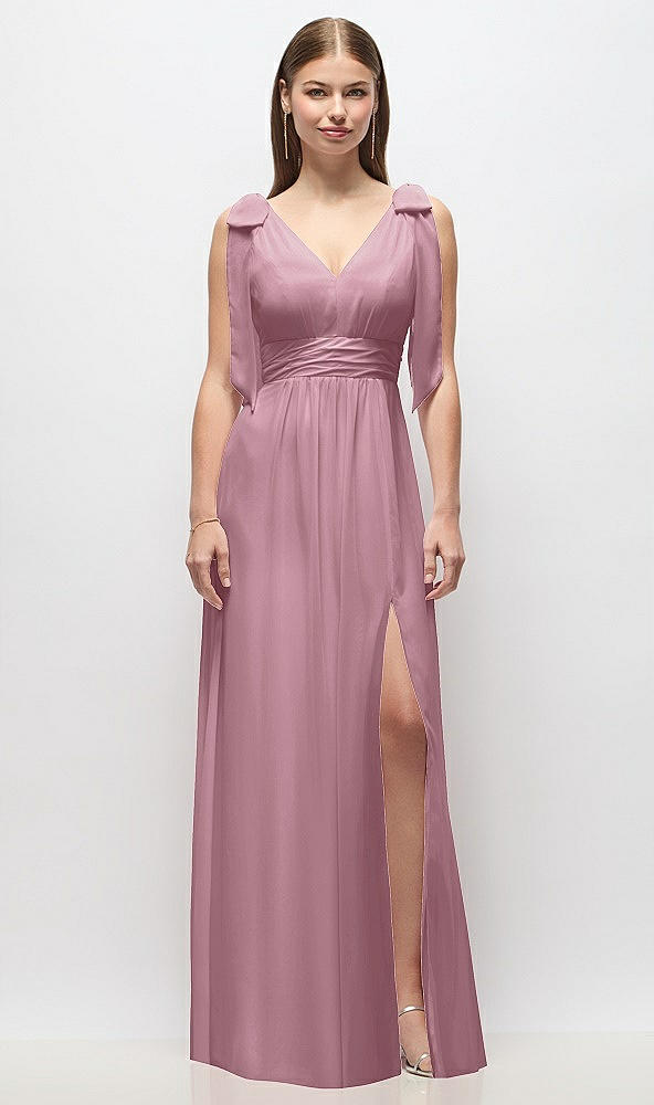 Front View - Dusty Pink Plunge Neckline Bow Shoulder Empire Waist Chiffon Maxi Dress