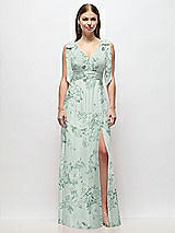 Front View Thumbnail - Mint Green Floral Plunge Neckline Bow Shoulder Empire Waist Chiffon Maxi Dress
