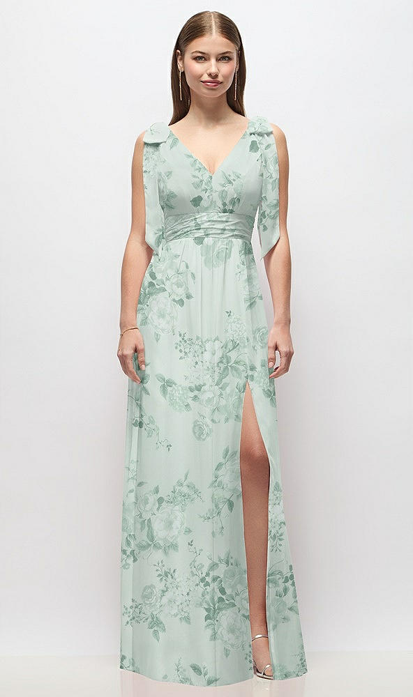 Front View - Mint Green Floral Plunge Neckline Bow Shoulder Empire Waist Chiffon Maxi Dress
