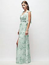 Side View Thumbnail - Mint Green Floral Plunge Neckline Bow Shoulder Empire Waist Chiffon Maxi Dress