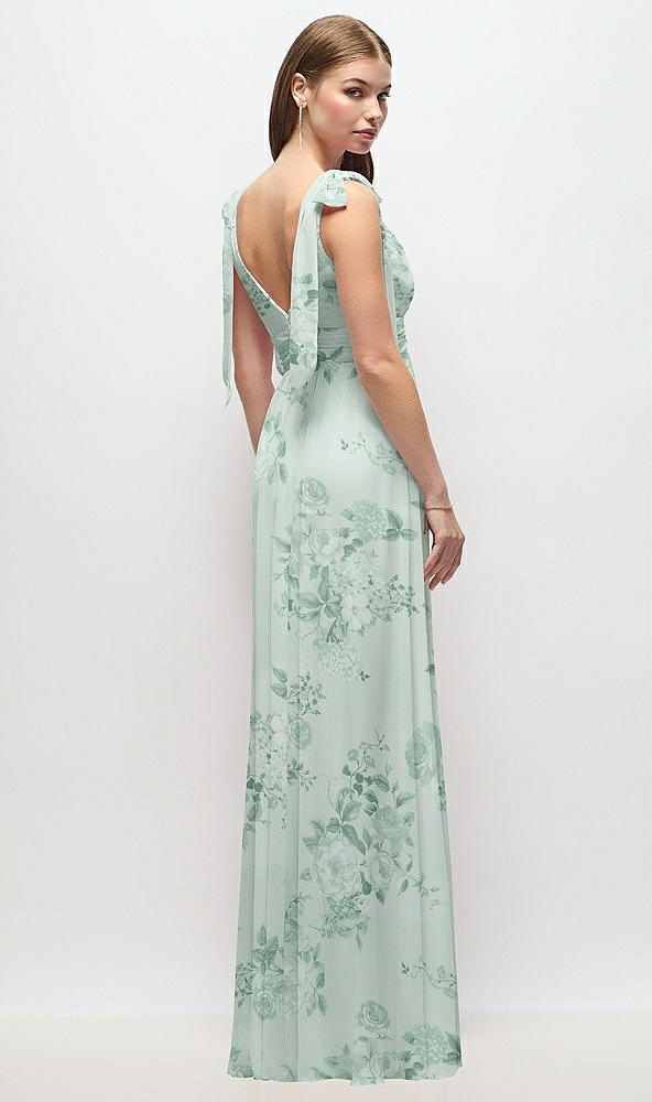 Back View - Mint Green Floral Plunge Neckline Bow Shoulder Empire Waist Chiffon Maxi Dress