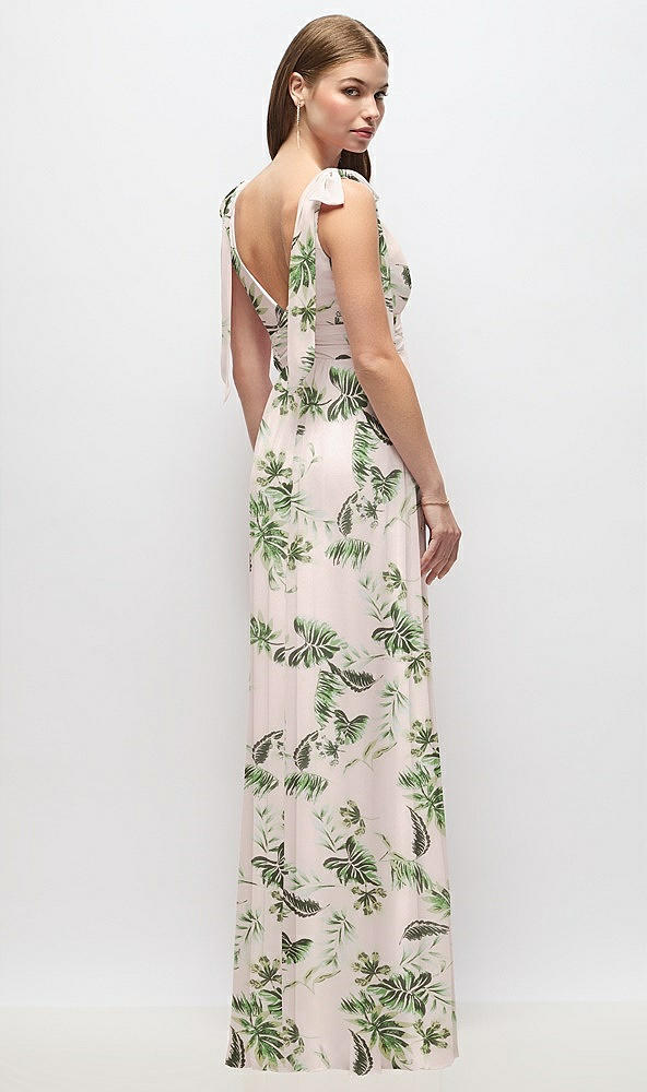 Back View - Palm Beach Print Plunge Neckline Bow Shoulder Empire Waist Chiffon Maxi Dress