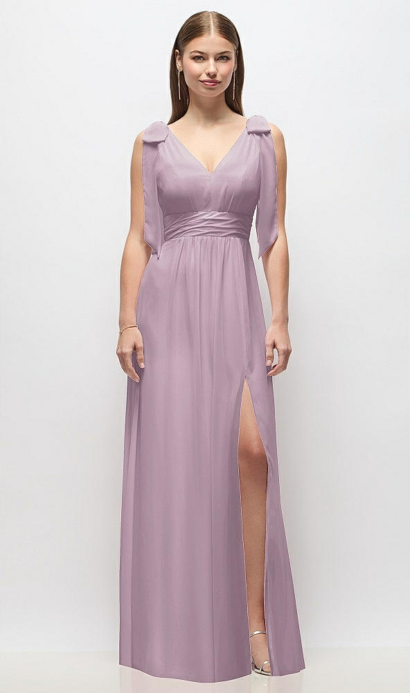 Front View - Suede Rose Plunge Neckline Bow Shoulder Empire Waist Chiffon Maxi Dress