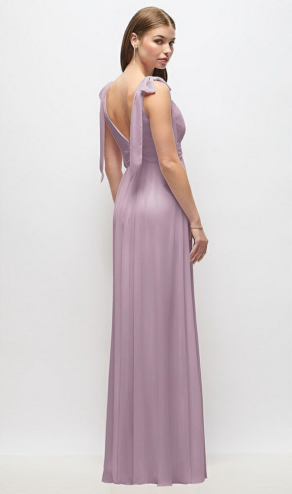 Back View - Suede Rose Plunge Neckline Bow Shoulder Empire Waist Chiffon Maxi Dress
