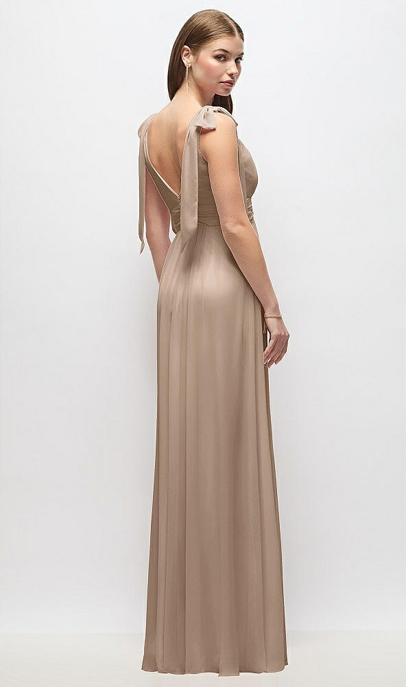 Back View - Topaz Plunge Neckline Bow Shoulder Empire Waist Chiffon Maxi Dress