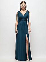 Front View Thumbnail - Atlantic Blue Plunge Neckline Bow Shoulder Empire Waist Chiffon Maxi Dress