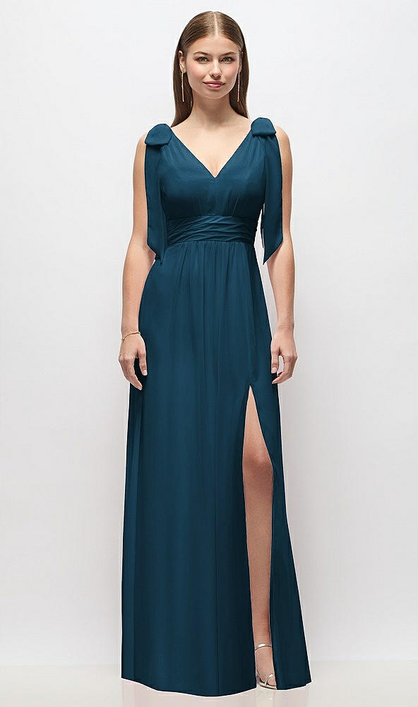 Front View - Atlantic Blue Plunge Neckline Bow Shoulder Empire Waist Chiffon Maxi Dress