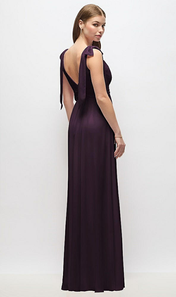 Back View - Aubergine Plunge Neckline Bow Shoulder Empire Waist Chiffon Maxi Dress