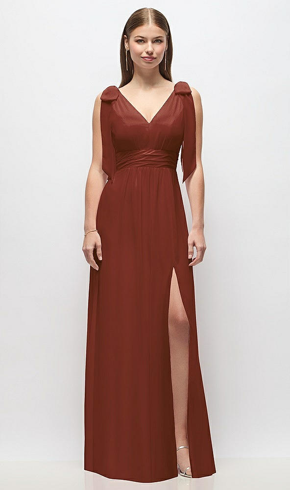 Front View - Auburn Moon Plunge Neckline Bow Shoulder Empire Waist Chiffon Maxi Dress