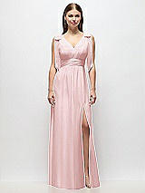 Front View Thumbnail - Ballet Pink Plunge Neckline Bow Shoulder Empire Waist Chiffon Maxi Dress