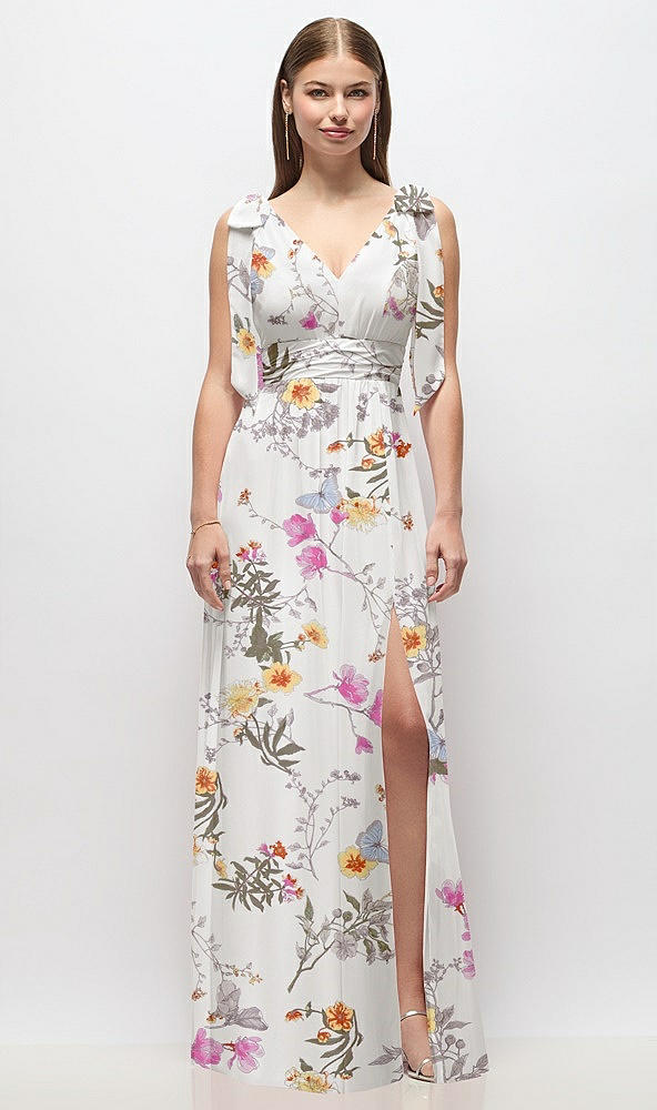 Front View - Butterfly Botanica Ivory Plunge Neckline Bow Shoulder Empire Waist Chiffon Maxi Dress
